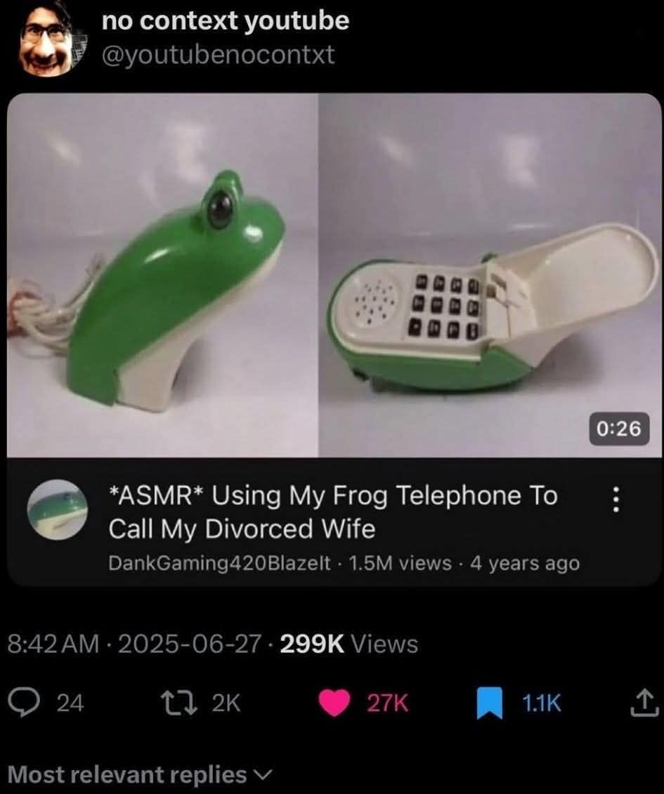 Side-by-side photo of a green frog-shaped landline phone shown closed and then flipped open beside a social post preview.