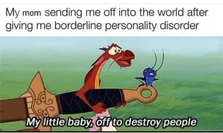 Frame from a ’90s-style animated movie where a tiny insect sits on a sword hilt next to a red dragon; caption jokes about being sent into the world “after giving me a disorder.”