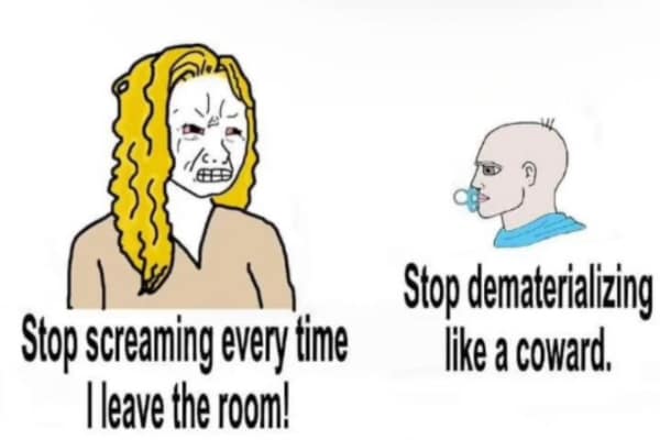 A classic meme with Wojak characters arguing about a baby's understanding of object permanence.