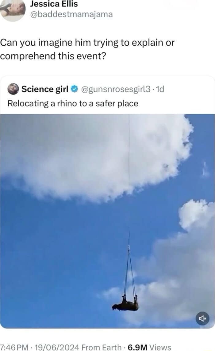 Social post showing a rhinoceros dangling midair from a helicopter against a blue sky; quote asks if he could even comprehend it.