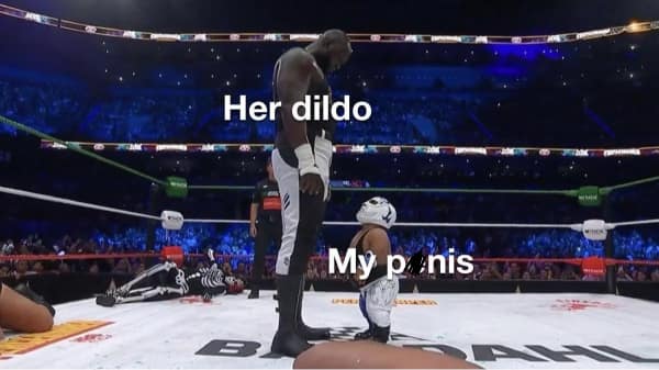 A classic meme using a photo of a tall and a short wrestler for a size comparison joke.