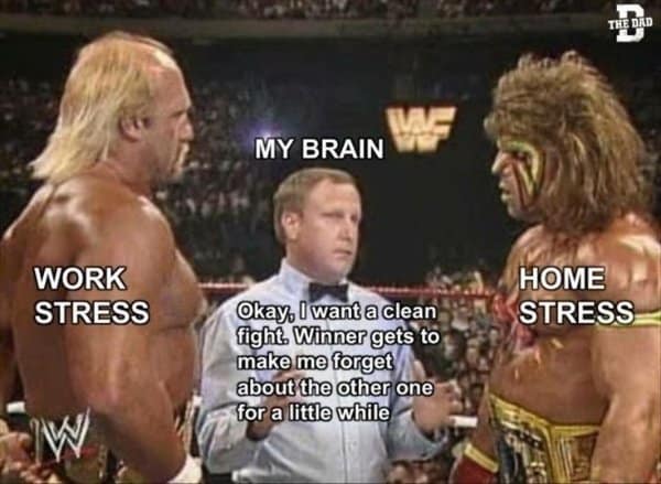 A classic meme using a wrestling match to show the battle between work stress and home stress.