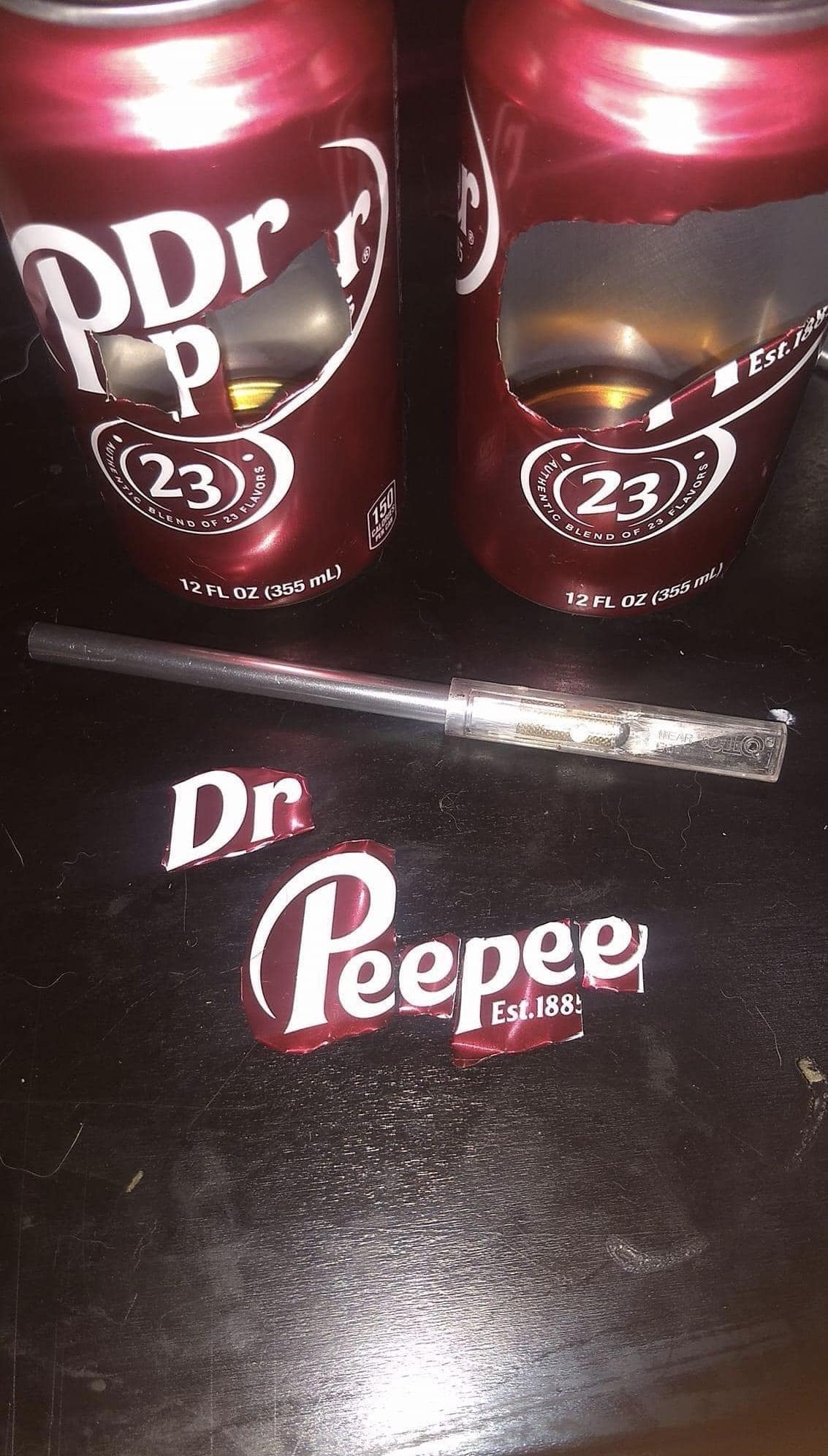 An old meme showing Dr. Pepper cans cut up to spell the juvenile phrase "Dr. Peepee."