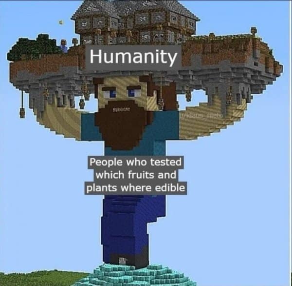 Blocky video-game giant hoists a floating island labeled “Humanity,” with a caption crediting “people who tested which fruits and plants were edible.”