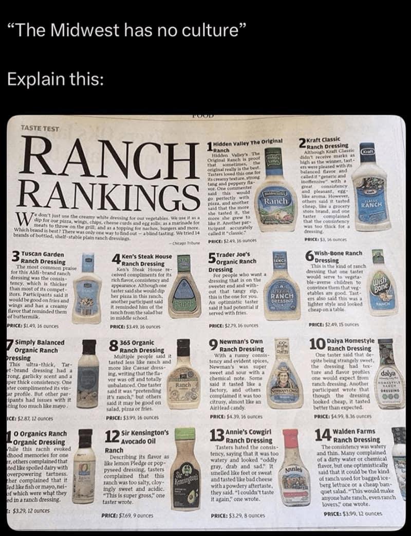 A classic meme defending Midwestern culture by showing a newspaper's incredibly detailed ranking of different ranch dressings.