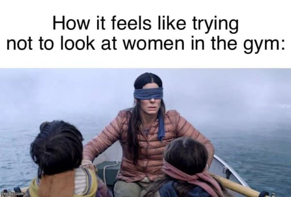 Woman blindfolded in a rowboat with two kids on a foggy river; caption compares it to trying not to look at people at the gym.