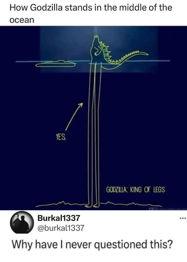 A classic meme with a funny diagram explaining how Godzilla stands in the deep ocean.