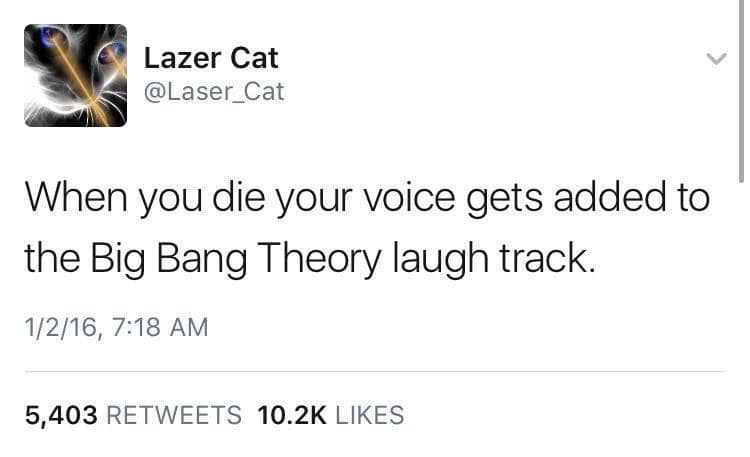 A classic meme from a viral tweet that jokes your voice is added to The Big Bang Theory laugh track when you die.