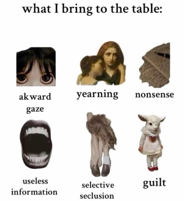 Six-panel collage of odd objects and figures labeled “awkward gaze,” “yearning,” “nonsense,” “useless information,” “selective seclusion,” and “guilt.”