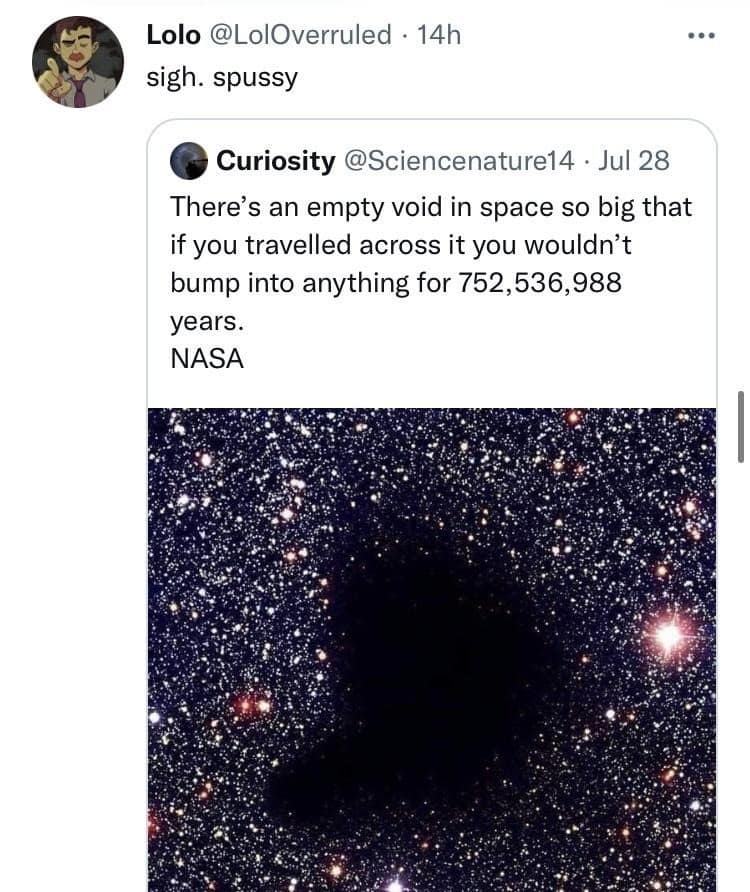Tweet over a star field image with a huge black cosmic void; the poster sighs with a cheeky one-word pun about the emptiness.