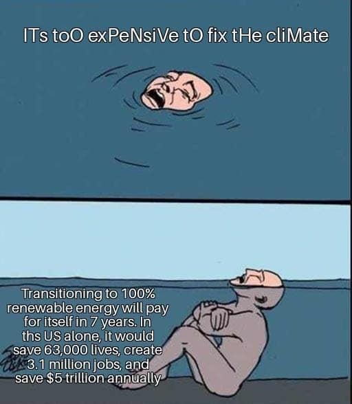 A climate change meme debunking the idea that fixing the climate is too expensive.