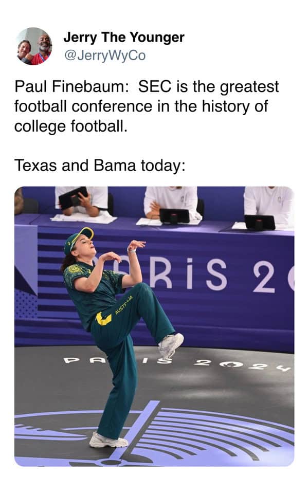 A meme mocking the SEC's hype by using a picture of an uncoordinated breakdancer to represent the play of Texas and Alabama.