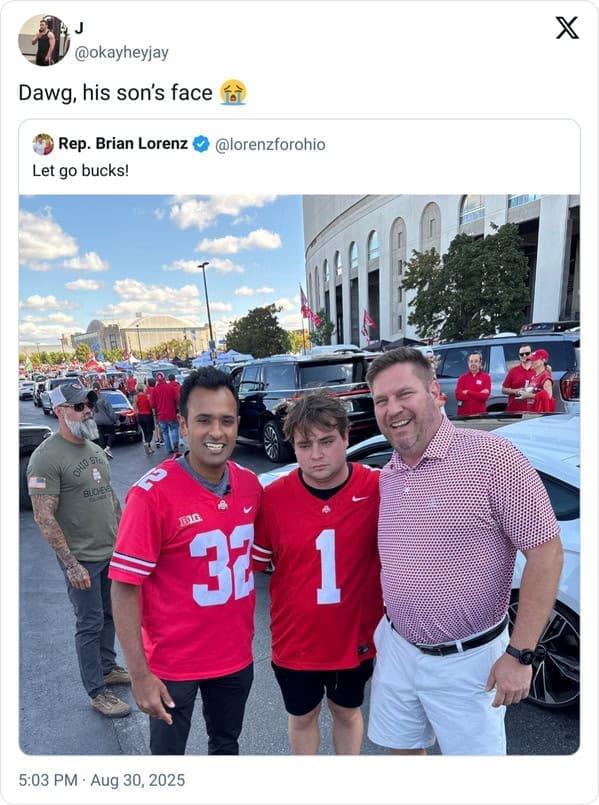 A hilarious photo from August 30, 2025, of a politician's son looking absolutely miserable while tailgating at an Ohio State football game.
