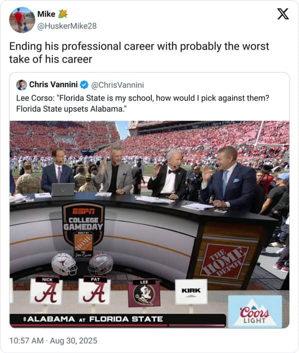 A timely tweet from August 30, 2025, that mocks Lee Corso's bold prediction that Florida State would upset Alabama on ESPN.