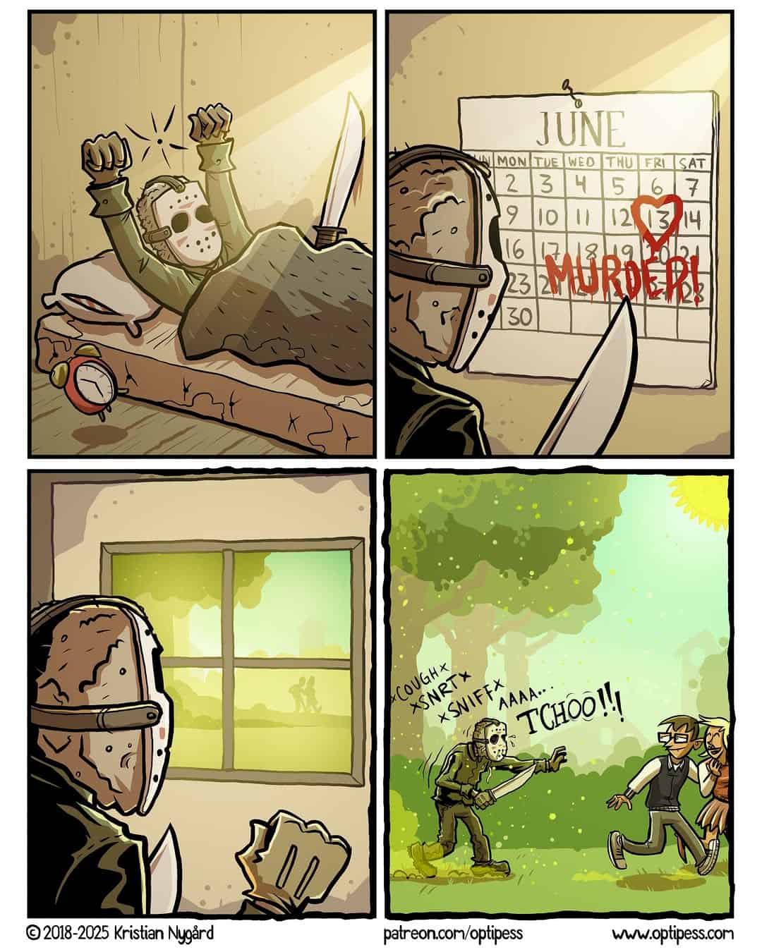 A three-panel comic from the year 2025 where peaceful aliens who have come to visit Earth are immediately served a notice by a mailman, and then decide to destroy the city in anger.