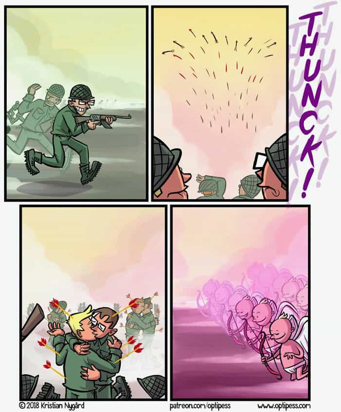 A funny and creative four-panel comic where soldiers who are in the middle of a brutal battle are suddenly hit by a volley of arrows that have been fired by an army of cupids.