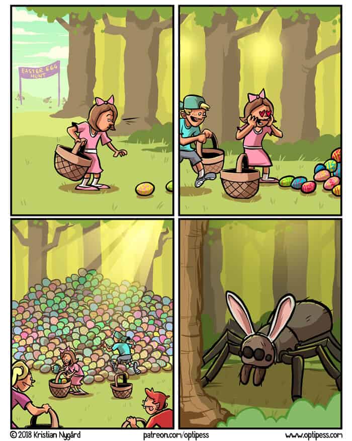 A dark humor comic about a children's Easter egg hunt where the massive pile of colorful eggs is revealed to have been laid by a giant, terrifying spider that is wearing bunny ears.