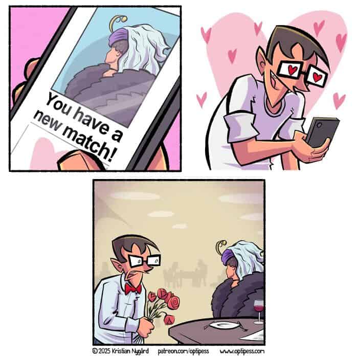 A relatable three-panel comic about the awkward and disappointing reality of a dating app date when the other person is much cooler and more attractive than you are in real life.