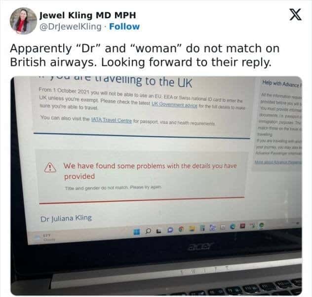 A screenshot of a British Airways website error message that incorrectly claims a user's title of "Dr" and their gender of "woman" do not match.