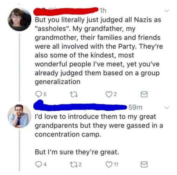 A person who is confidently incorrect while defending their Nazi relatives gets a brutal history lesson as a reply.