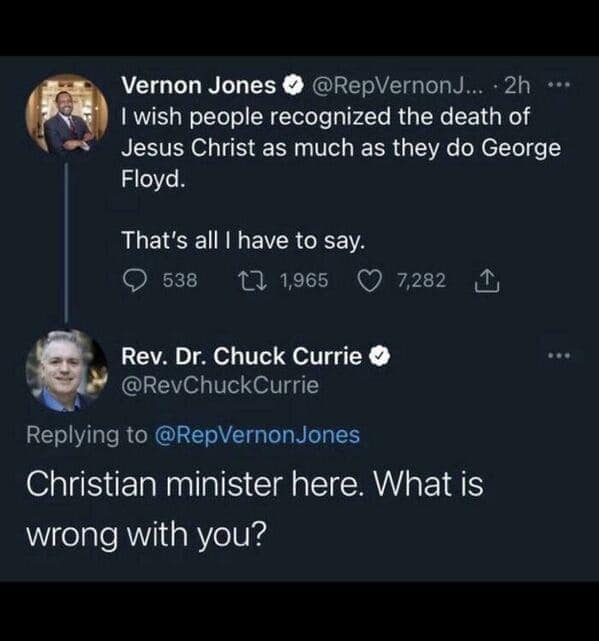 A politician's confidently incorrect tweet about Jesus and George Floyd gets a reply from a shocked Christian minister.