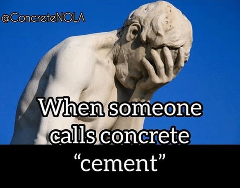 A funny meme of a frustrated-looking classical statue, which is used to represent the immense pain that a concrete worker feels when a member of the public calls concrete "cement."