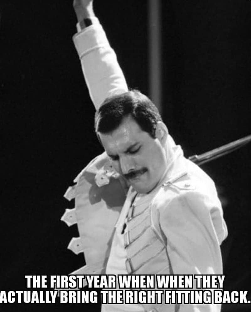 A meme of the rock star Freddie Mercury in a triumphant pose, which is used to represent the pure joy that a first-year apprentice feels when they finally bring back the correct part from the truck.