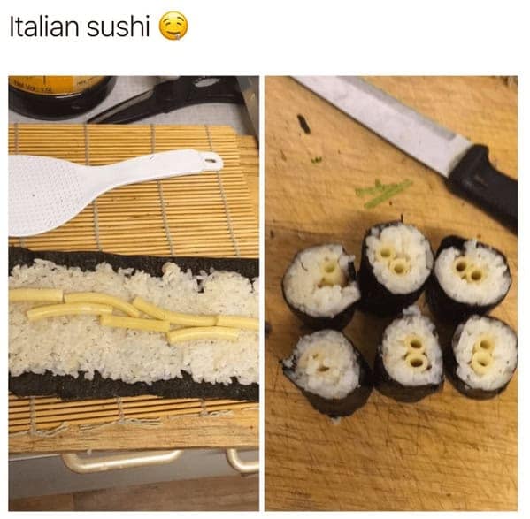 Seaweed roll filled with rice and pasta, sliced like sushi