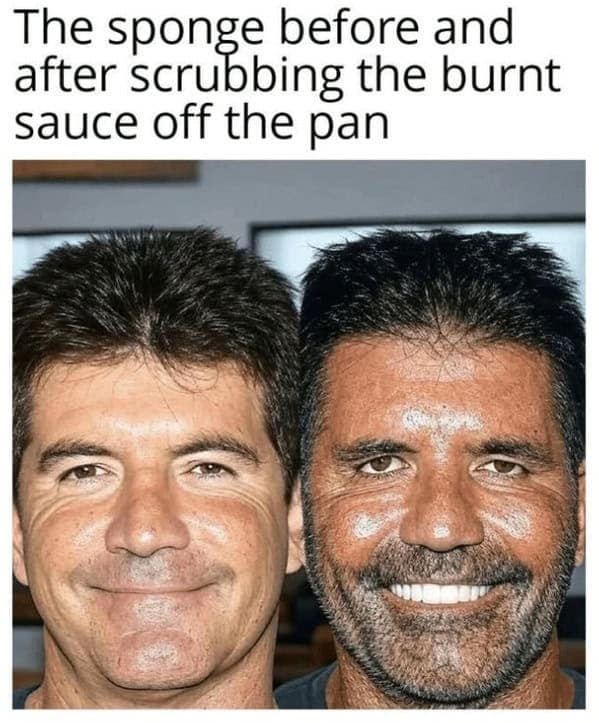 Side-by-side of a clean face and a soot-covered face, like a used sponge