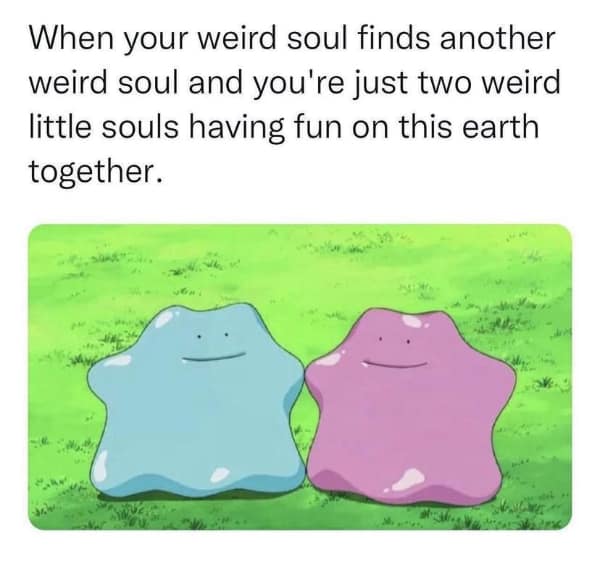 A wholesome couple meme using two Ditto from Pokemon to represent two weird souls finding each other.