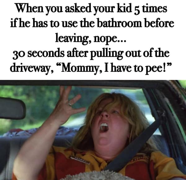 A couple meme using a photo of Melissa McCarthy screaming to show a parent's frustration on a road trip.