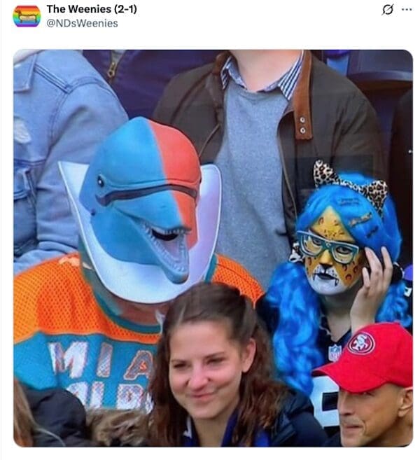 Two crazy NFL fans in wild costumes, including a Miami Dolphins mask and Jaguars-themed face paint and hair.