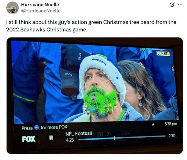 A Seattle Seahawks fan with his beard dyed bright green and decorated like a Christmas tree for a holiday game.