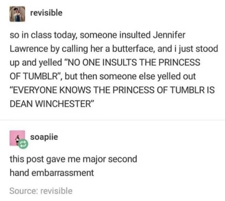 A cringe meme detailing an awkward Tumblr fandom argument about Jennifer Lawrence in a classroom.