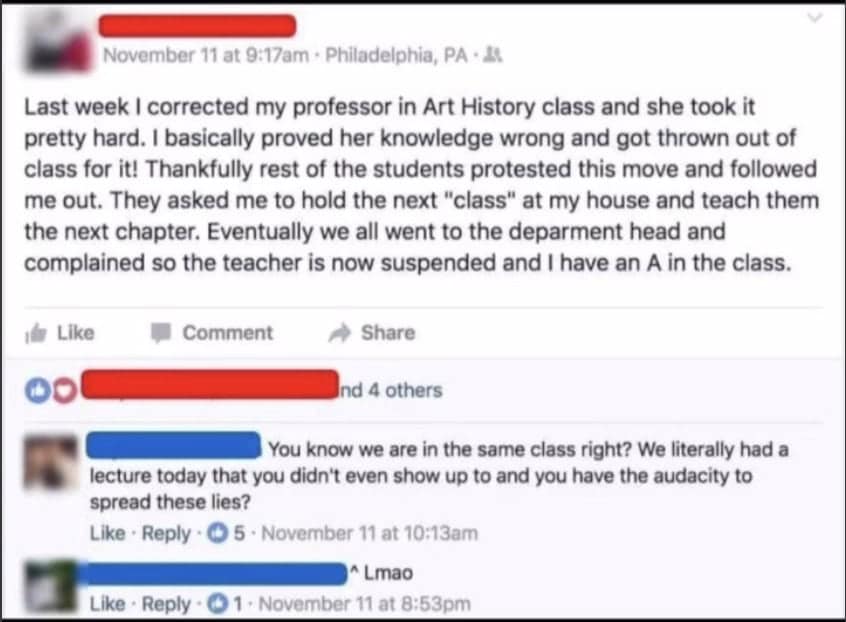 A cringe meme of a student's fake story being debunked by a classmate in the comments.