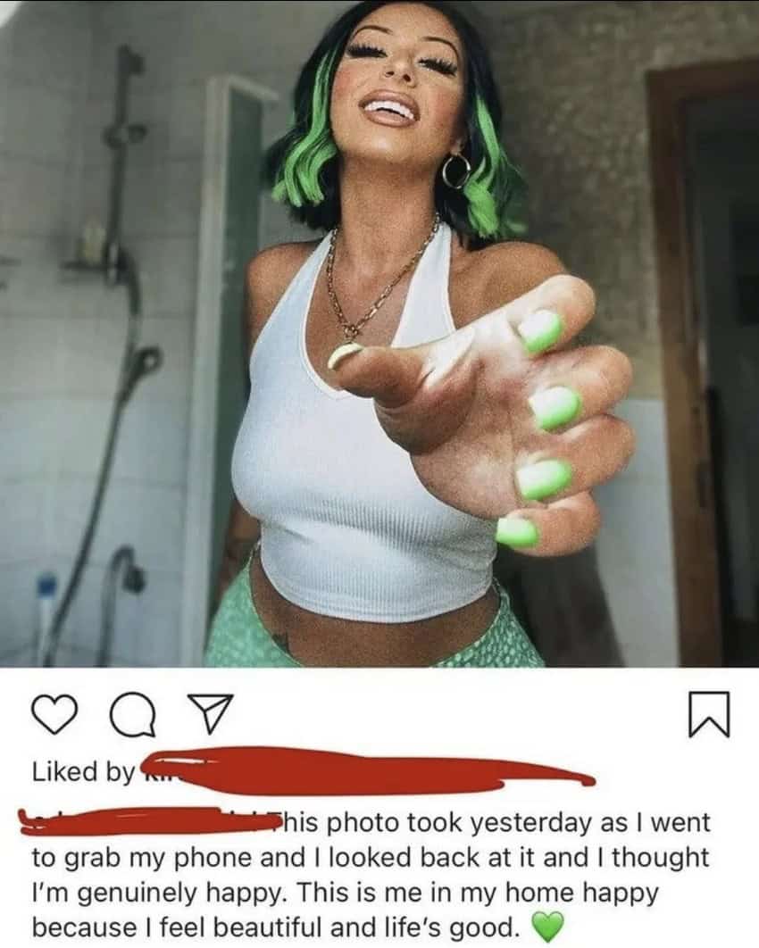 A cringe meme showing a highly staged photo with a caption about feeling genuinely happy.