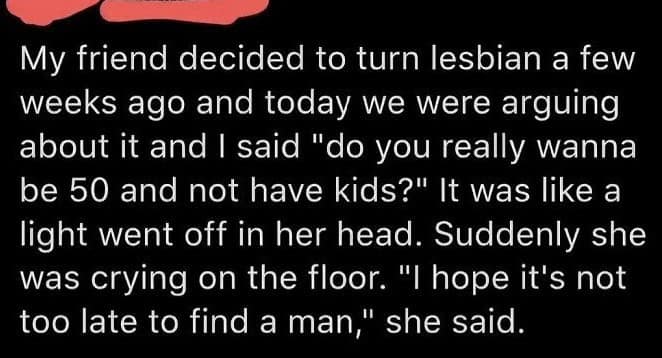 A cringe meme telling a homophobic and unbelievable story about "turning a friend straight."
