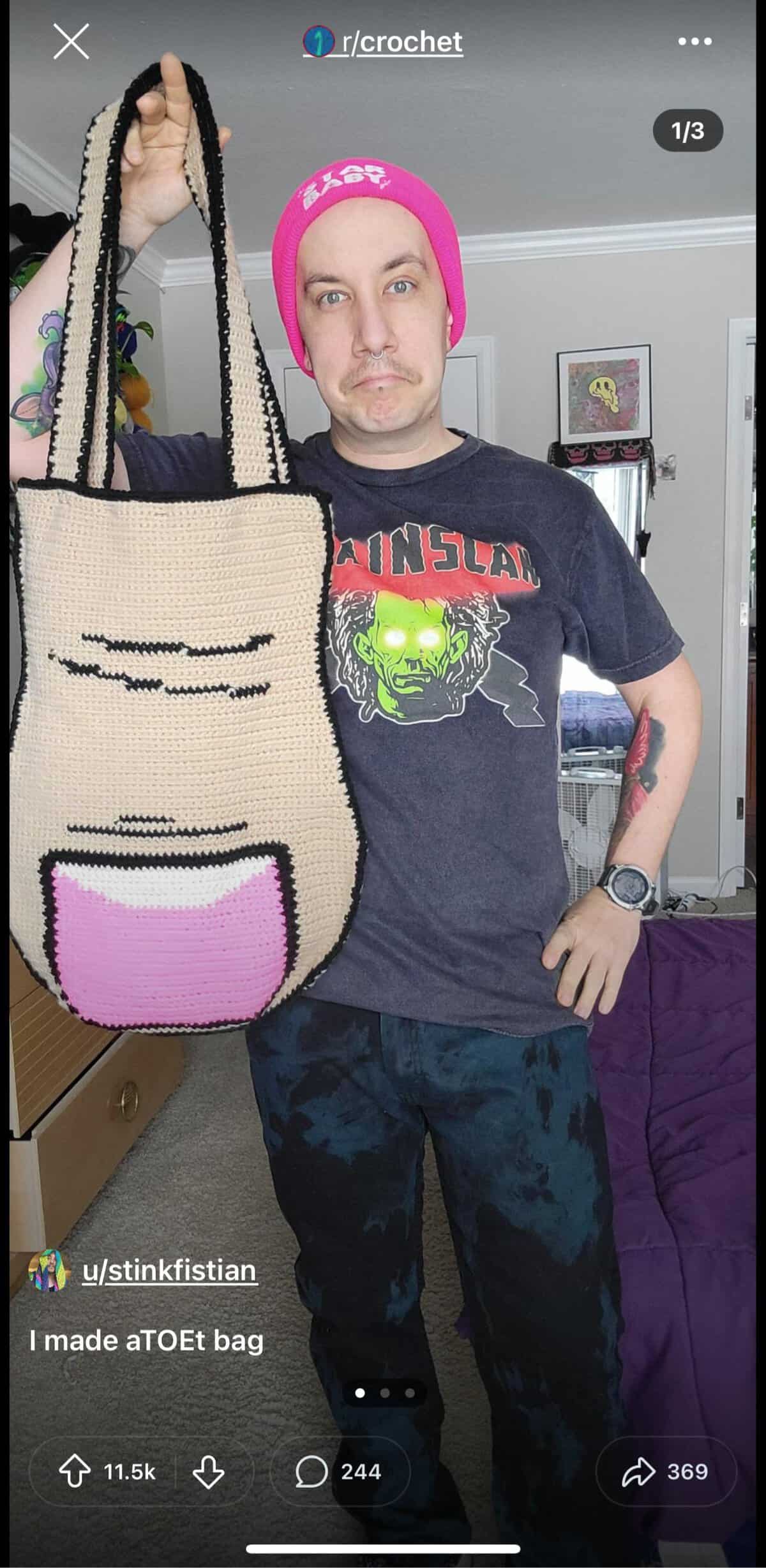 A cursed image of a man holding a crocheted bag of the Colossal Titan from Attack on Titan.