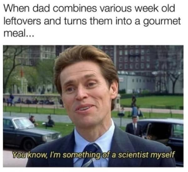 The famous Willem Dafoe "I'm something of a scientist myself" meme, which is used to joke about a dad's misplaced pride in creating a gourmet meal out of old, week-old leftovers.