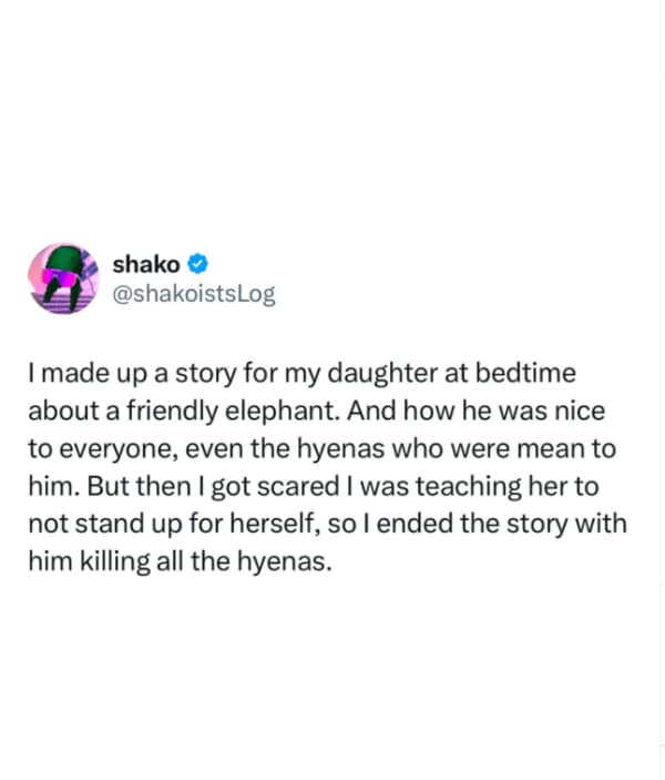 A screenshot of a funny and wholesome tweet from a dad who had to add a very sudden and violent ending to his daughter's bedtime story in order to teach her a good lesson about life.