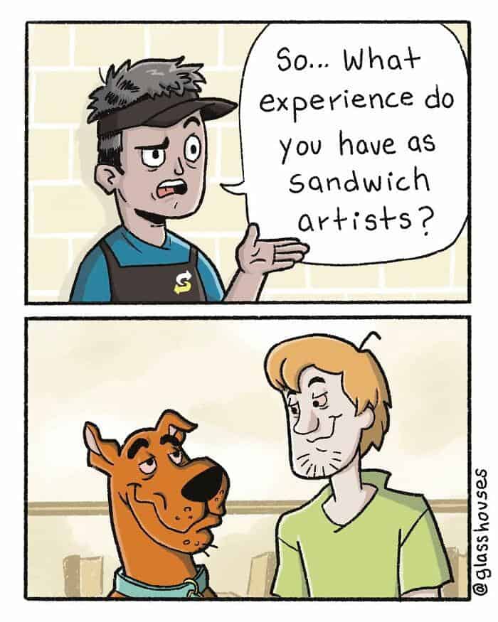 A dark humor comic showing Shaggy and Scooby-Doo applying for a job as sandwich artists at Subway.