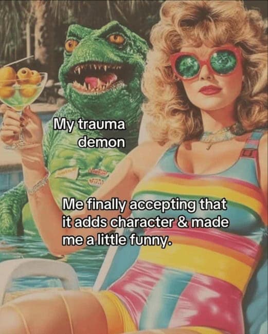 Retro pool scene with a woman in a rainbow swimsuit and a grinning lizard mascot; overlaid text about trauma and acceptance.