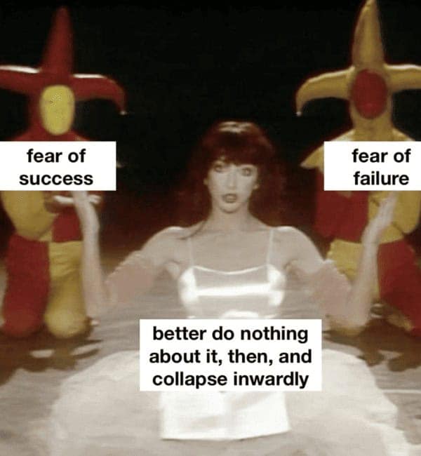Woman in white between two jester figures labeled fear of success and fear of failure; central caption about doing nothing.