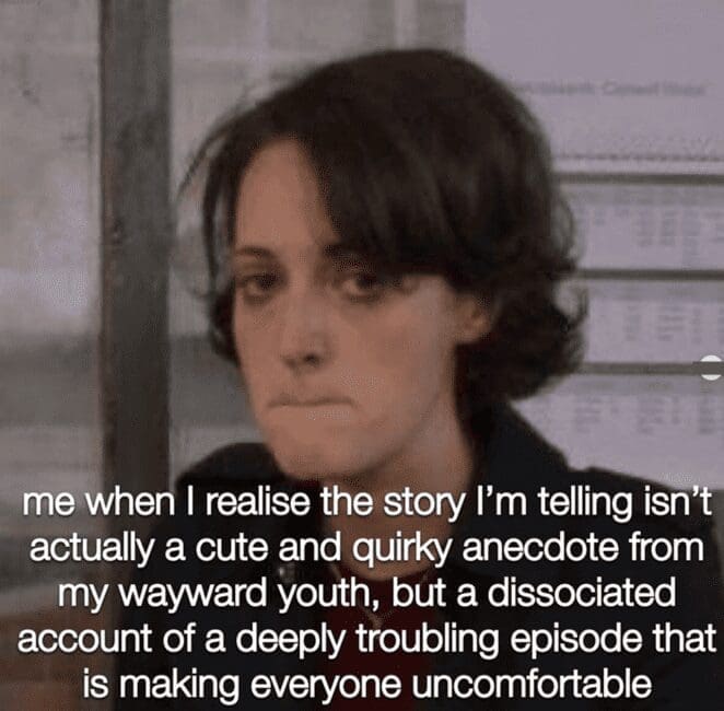 Woman with short dark hair biting her lip; long caption about a story turning out to be a troubling episode.