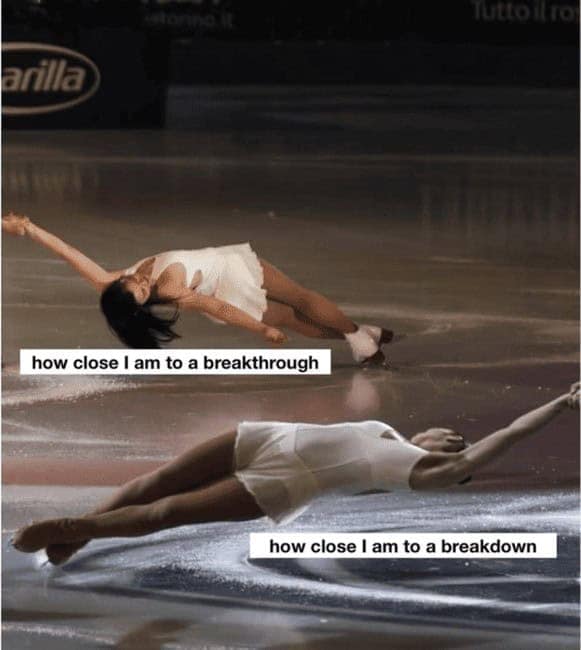 Two ice skaters lying on the ice; captions compare closeness to a breakthrough vs a breakdown.