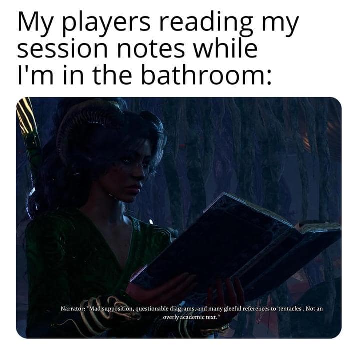 A d&d meme from Baldur's Gate 3 about players reading the DM's questionable session notes.