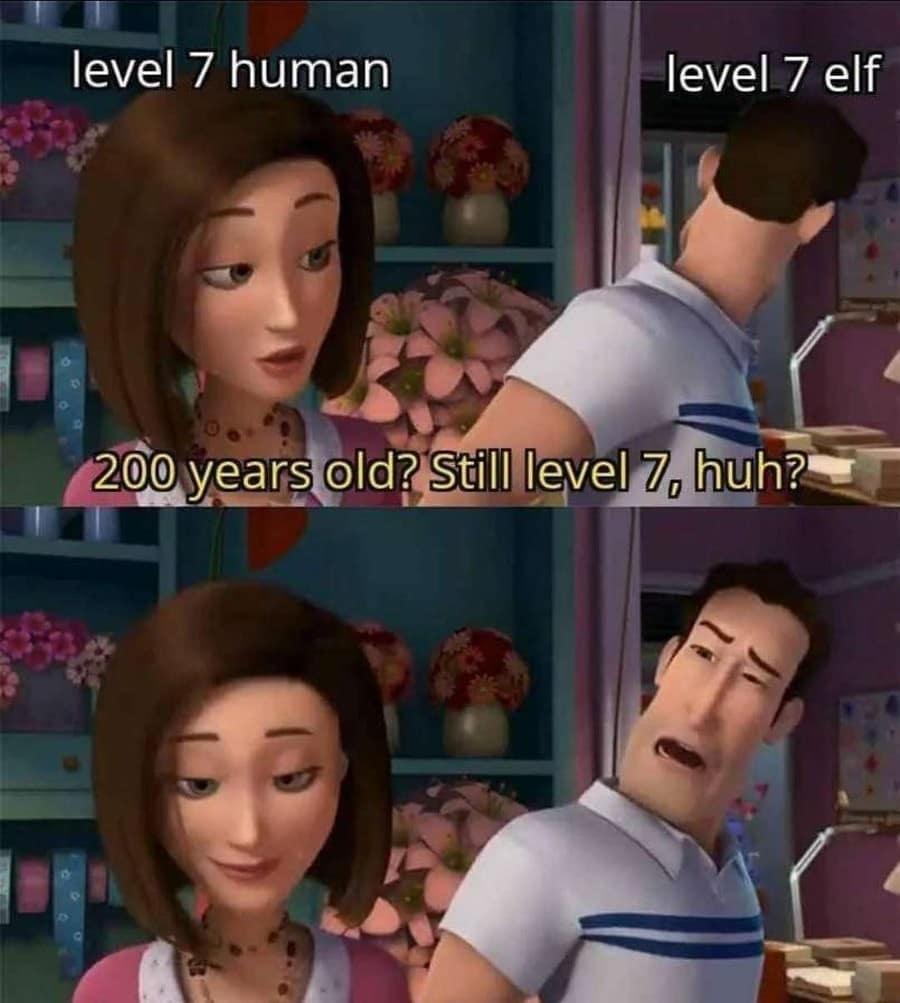 A d&d meme from Bee Movie comparing the leveling speed of a human versus an old elf.