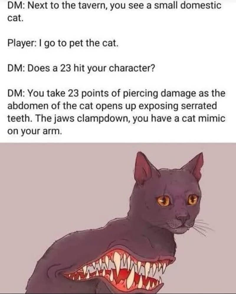 A d&d meme showing the horrifying moment a player tries to pet a cat that's a mimic.