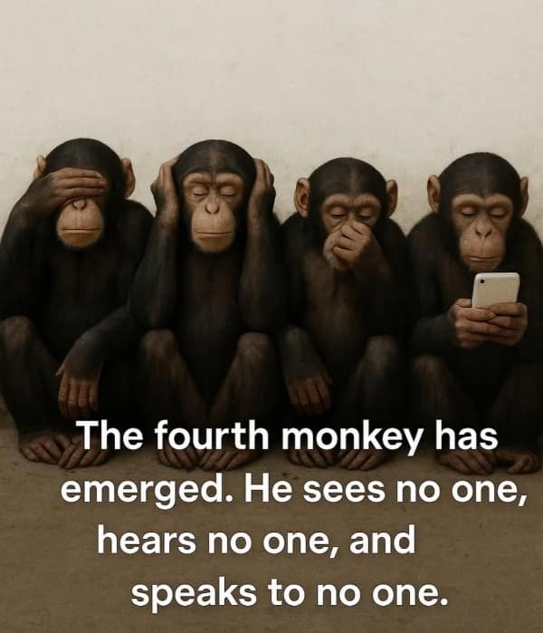 A modern update to the three wise monkeys, with a fourth monkey who is ignoring the world to stare at his smartphone.