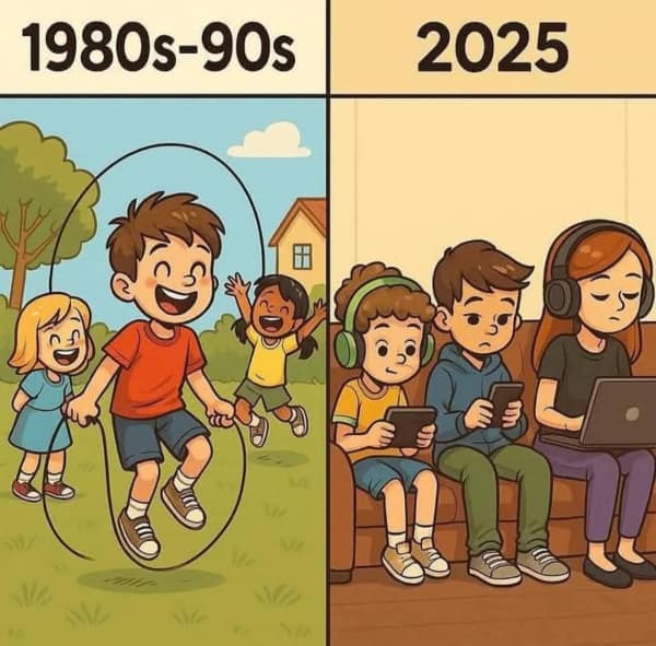 A classic boomer cartoon that compares happy kids from the 80s and 90s playing outside to sad kids in 2025 staring at their phones.